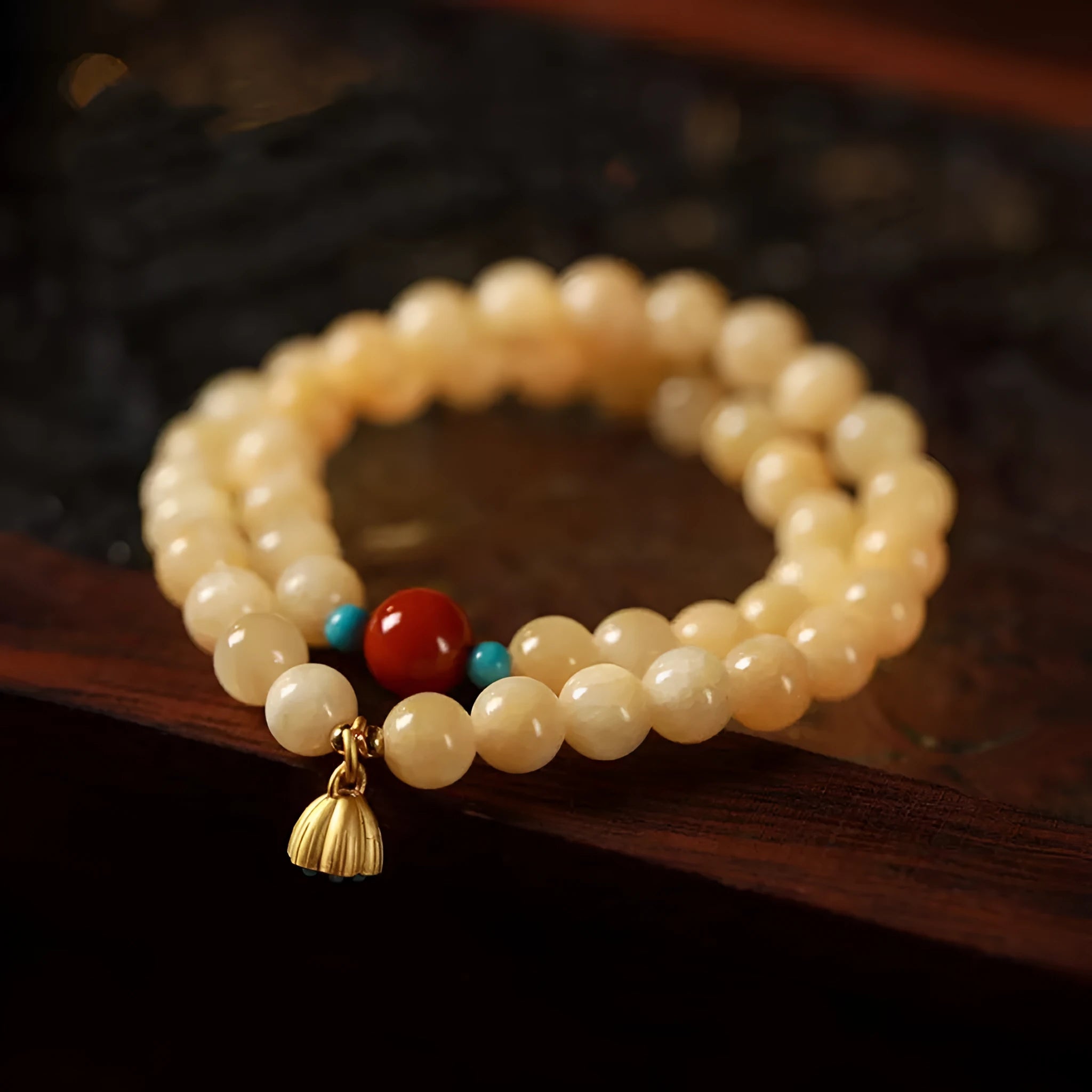 Handmade yellow jade double ring bracelet with lotus seedpod pattern and 8mm 6mm beads
