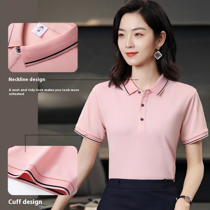 Beautician wearing a short-sleeved asymmetric polo shirt in light blue, showcasing the collar and Cool Silk Cotton fabric.