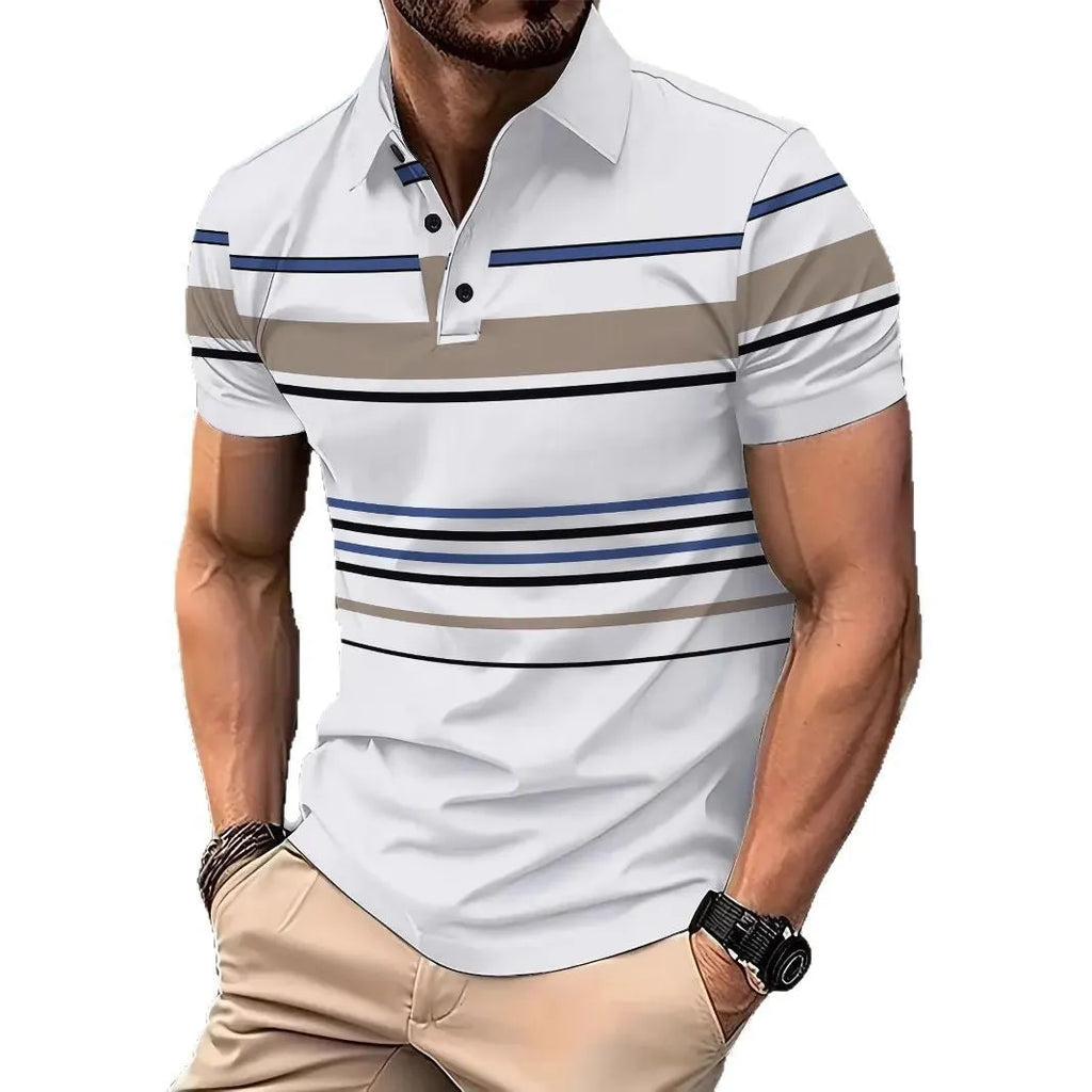White striped men's short sleeve T-shirt on hanger showing slim fit design