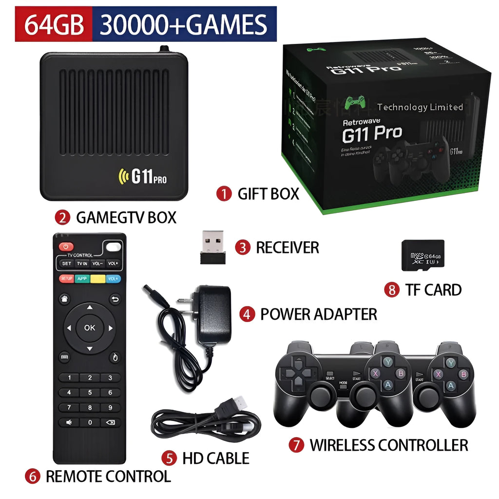 G11 PRO dual system TV set-top box and open source game console in black with HDMI and memory options