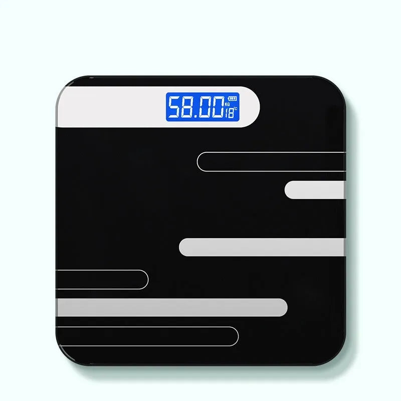 USB rechargeable electronic body scale with cross design in black, white, and rose red colour options