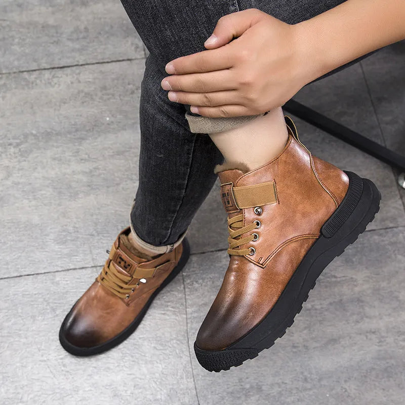 Black velvet platform Martin boots with high-top design and sewing thread detailing