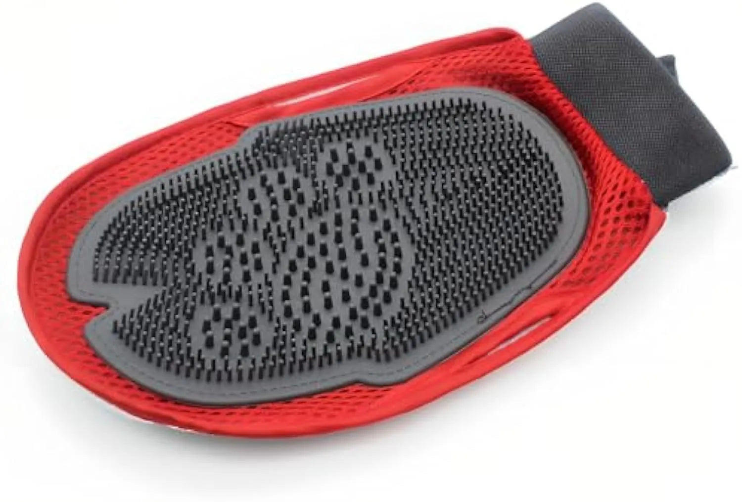 Red pet bathing glove with silicone brush bristles and adjustable strap for grooming dogs and cats