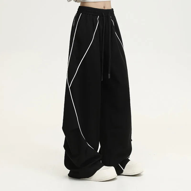 Black striped wide-leg hip hop sports trousers with mid waist fit