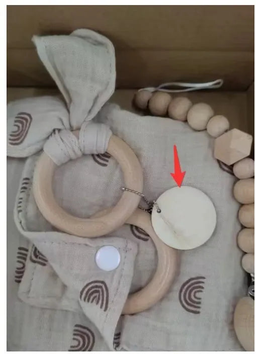Baby teething gift set with wooden toys and large bamboo-cotton gauze blanket in assorted colours