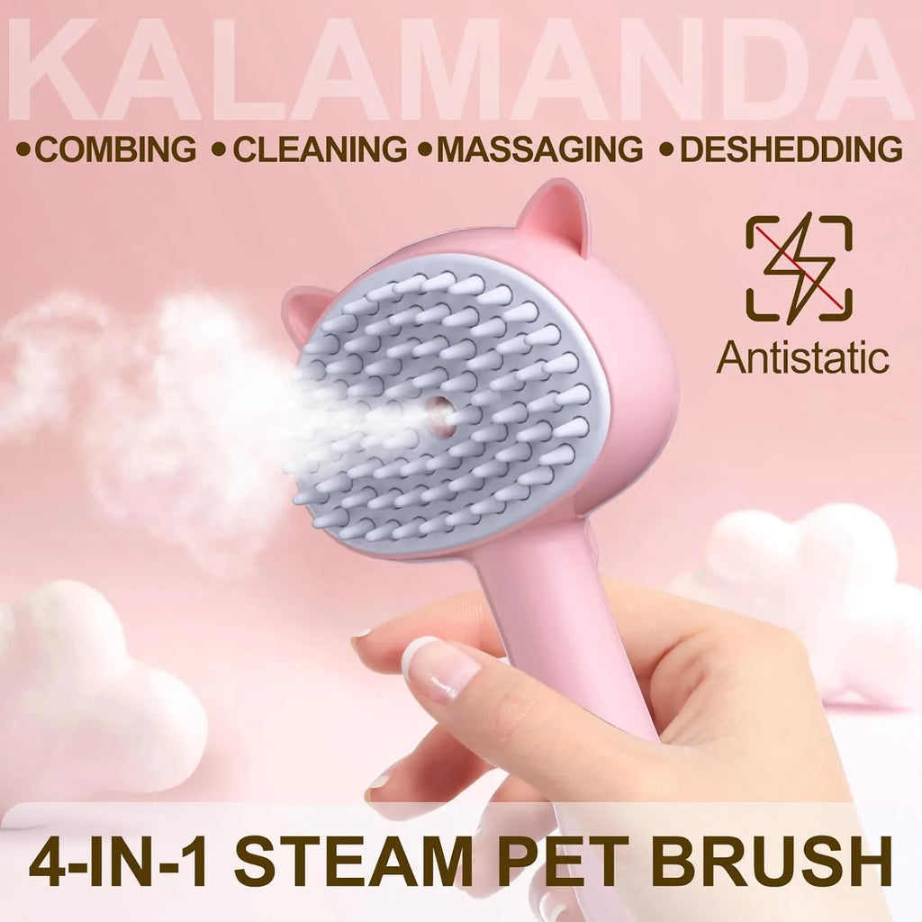 Cat ear-shaped steam grooming brush with blue handle and rubber bristles for pet hair removal