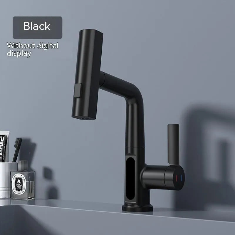 Modern pull-out kitchen faucet with digital temperature display on a black finish, showing extended hose.