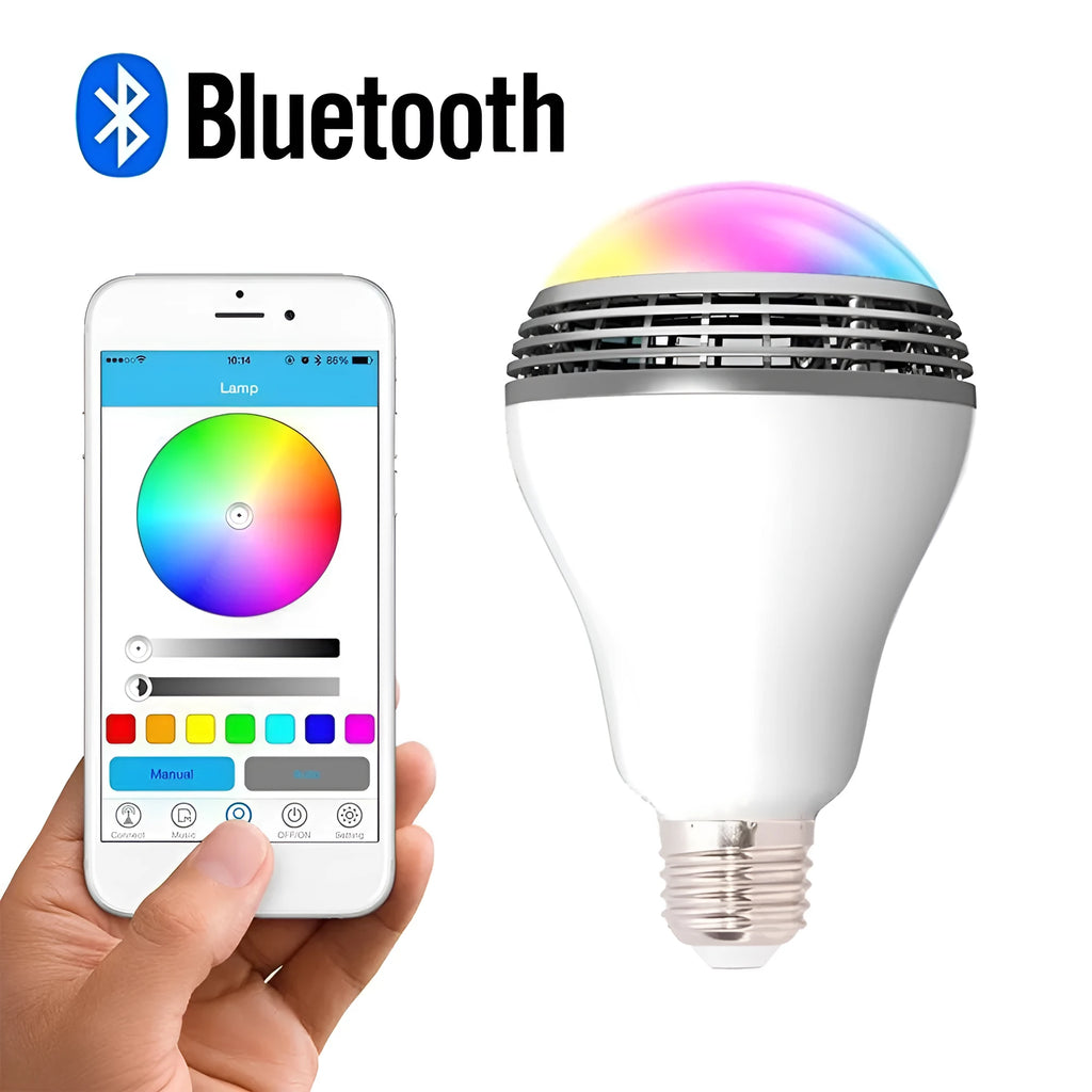 E27 smart LED bulb with Bluetooth speaker functionality showing RGB colour illumination
