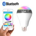 E27 smart LED bulb with Bluetooth speaker functionality showing RGB colour illumination