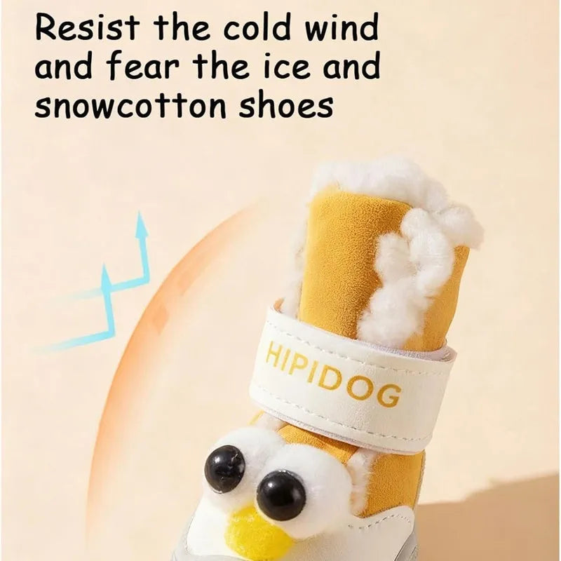 Brown winter dog shoe with thick cotton upper and anti-slip rubber sole on snow
