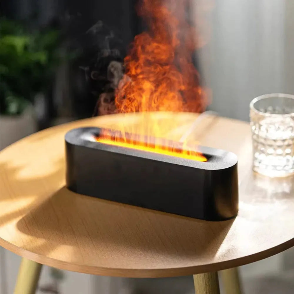 Square creative lava flame aroma diffuser and humidifier with colourful lighting on desktop