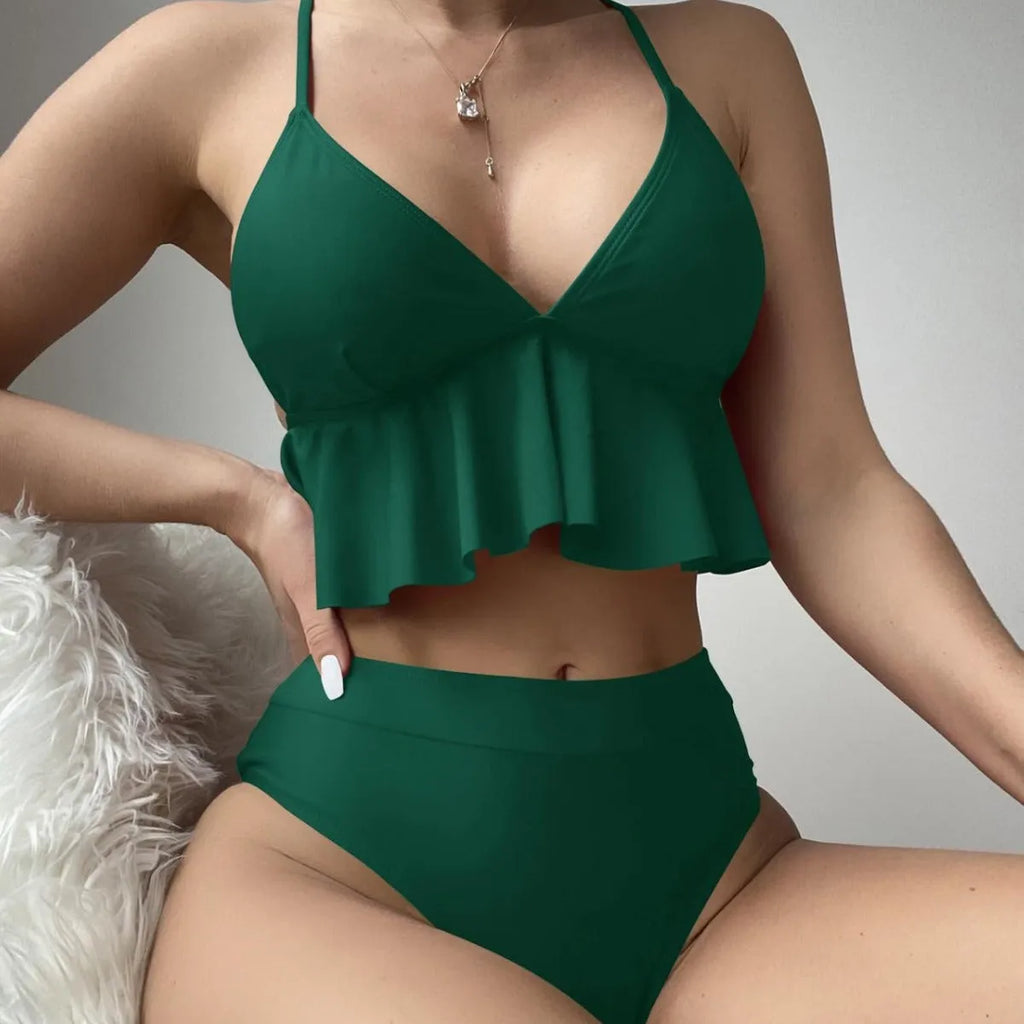 Women's solid colour split bikini swimsuit set with spandex lining.