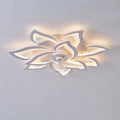 Modern white and black framed ceiling fan light with floral design blades and integrated acrylic light shade