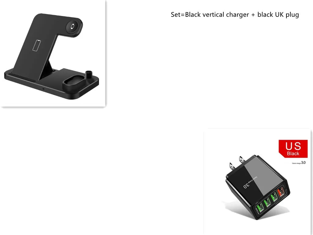 Black 4-in-1 wireless charger with magnetic phone stand charging an iPhone, Apple Watch, and AirPods.