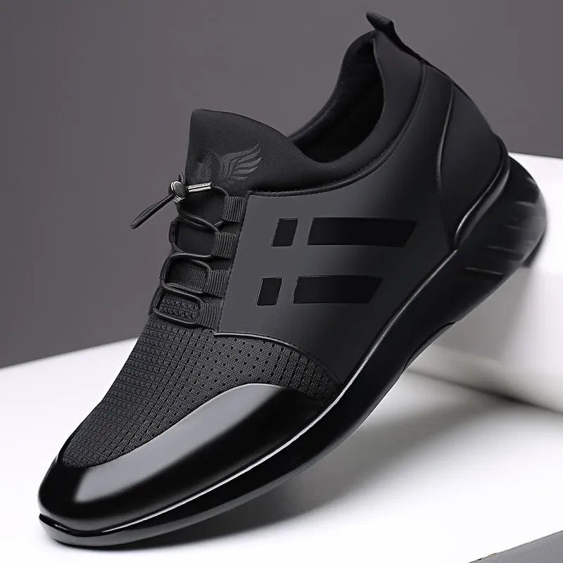 Men's black casual shoe with chunky rubber sole and round toe, shown in leather, mesh, and Lycra upper options.