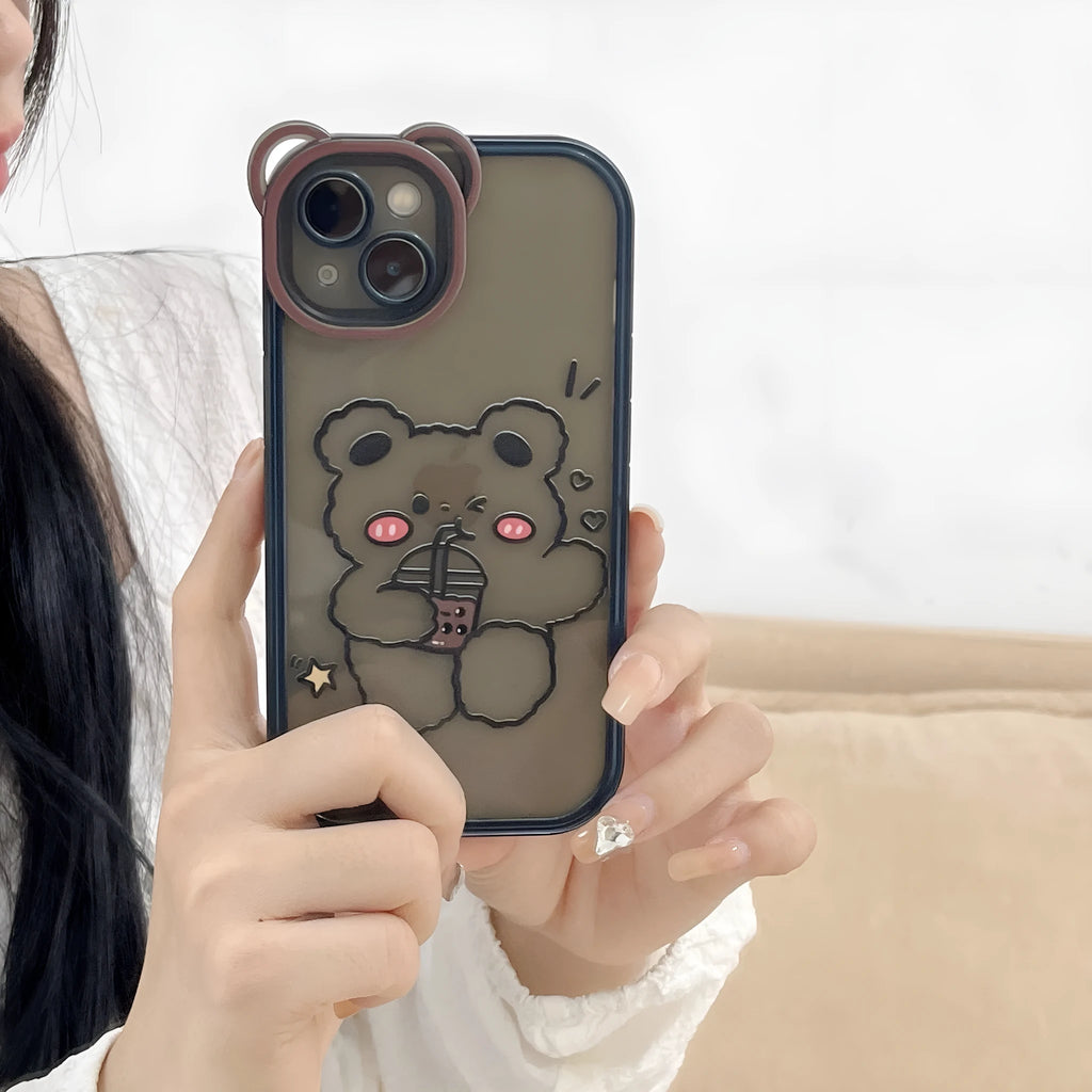 New Bear Photo Frame Phone Case TPU Drinking Milk Tea Bear for iPhones