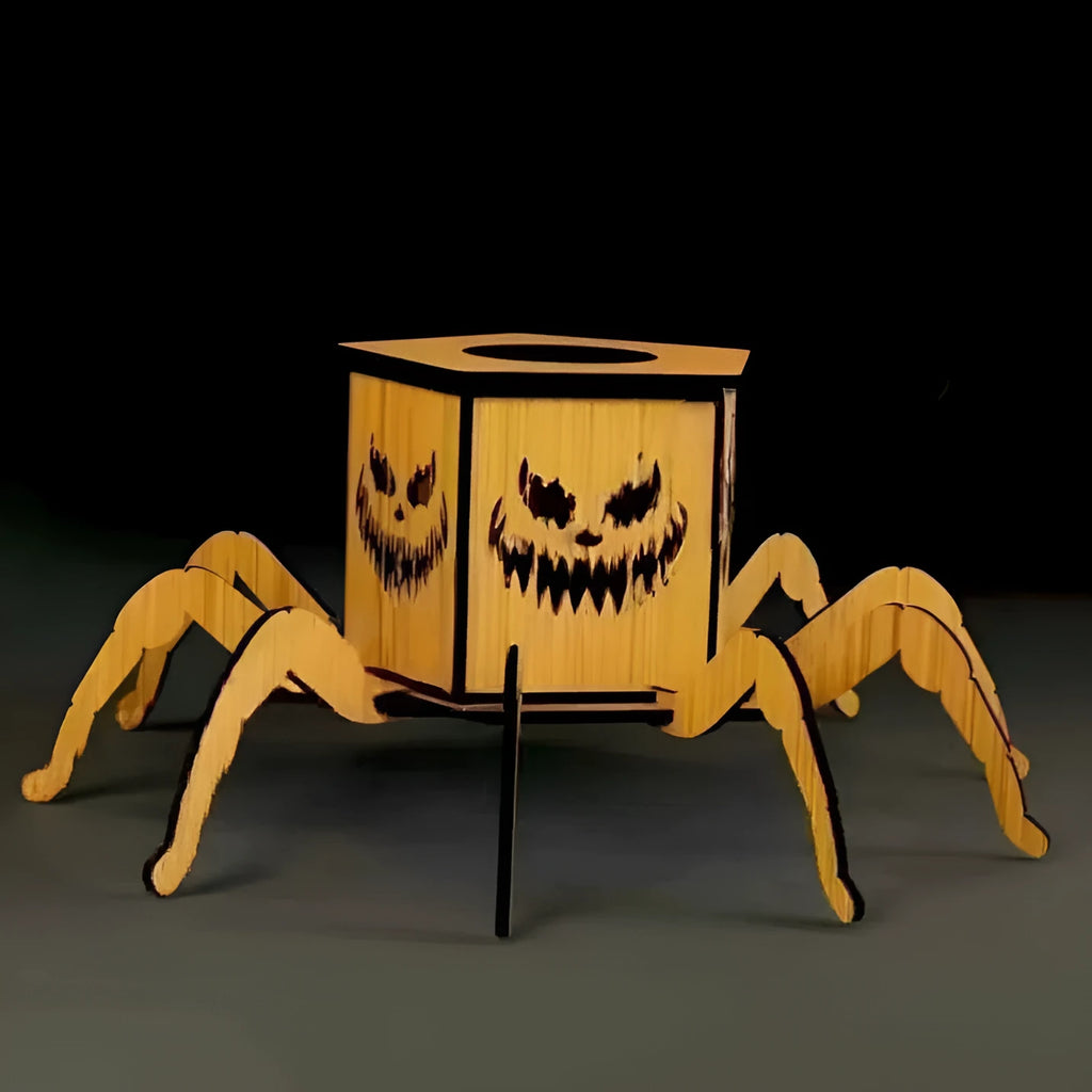 Wooden Halloween candlestick with ghost and spider miniature lantern design measuring 21cm tall