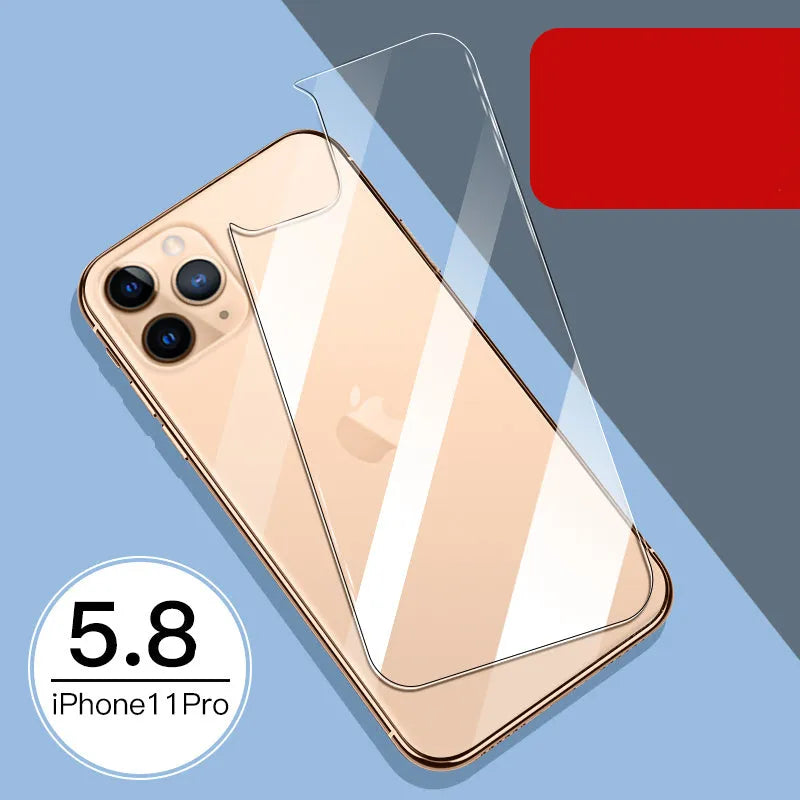 iPhone tempered glass screen protector set showing front and rear films for 11, X, and XR models.