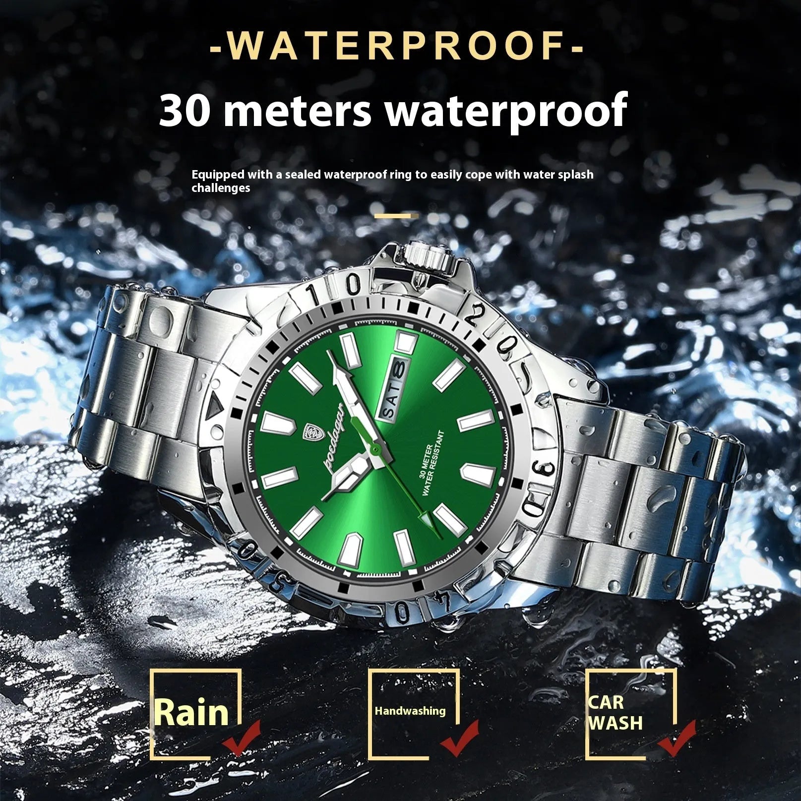 Swiss men's waterproof luminous watch with 6mm case in silver, gold or black with steel strap