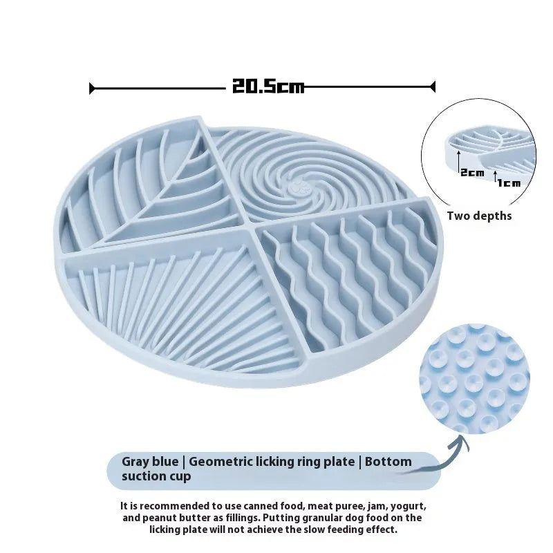 Round silicone slow food mat in light blue with geometric wave pattern, 20cm, for pets