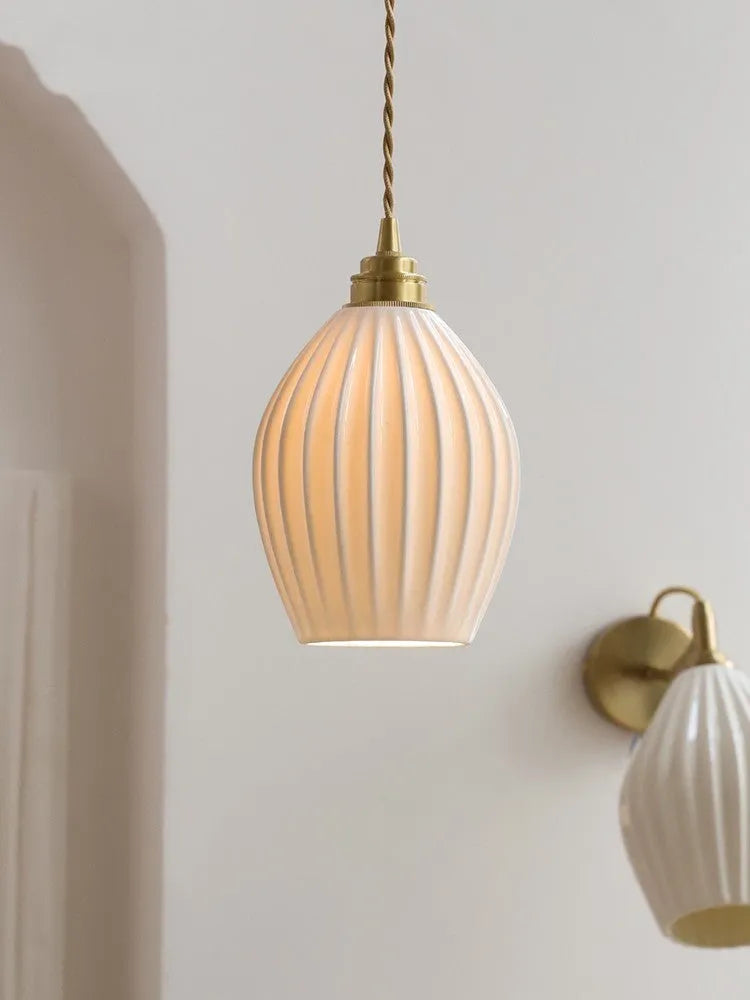 Copper chandelier with ceramic lampshade on ceiling, pure white small shade option