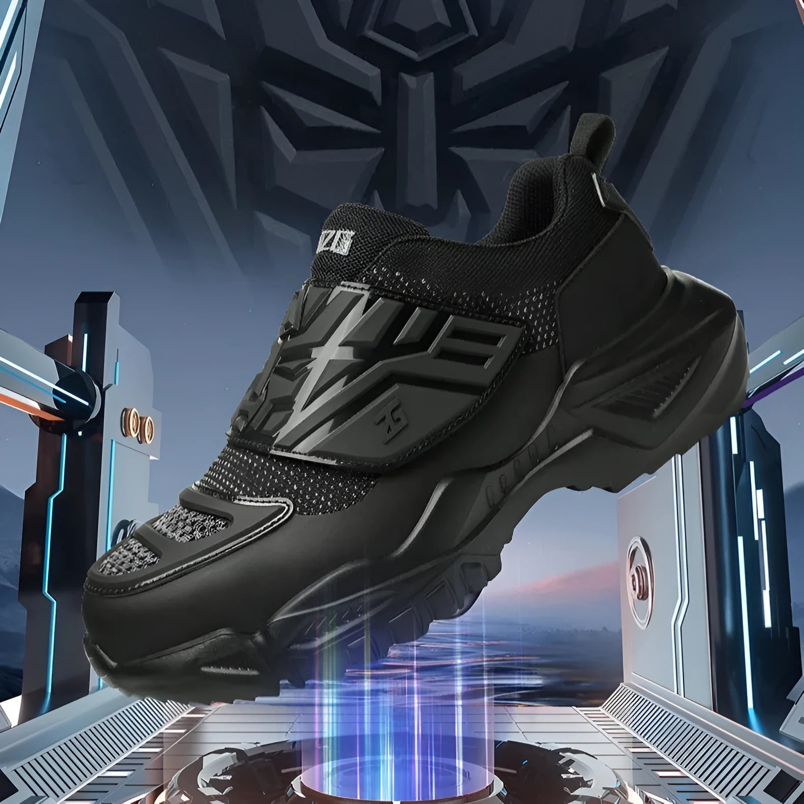 Black safety shoes with steel toe cap and anti-puncture sole, showing woven mesh fabric and TPU upper construction