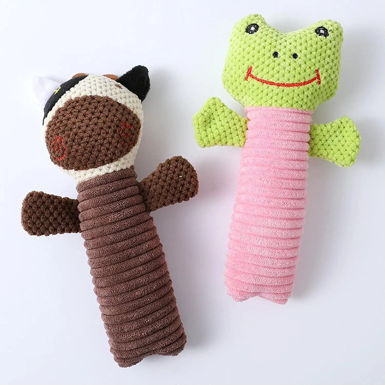 Squeaky stuffed calf, frog, or puppy dog chew toy for dental cleaning and teething relief.