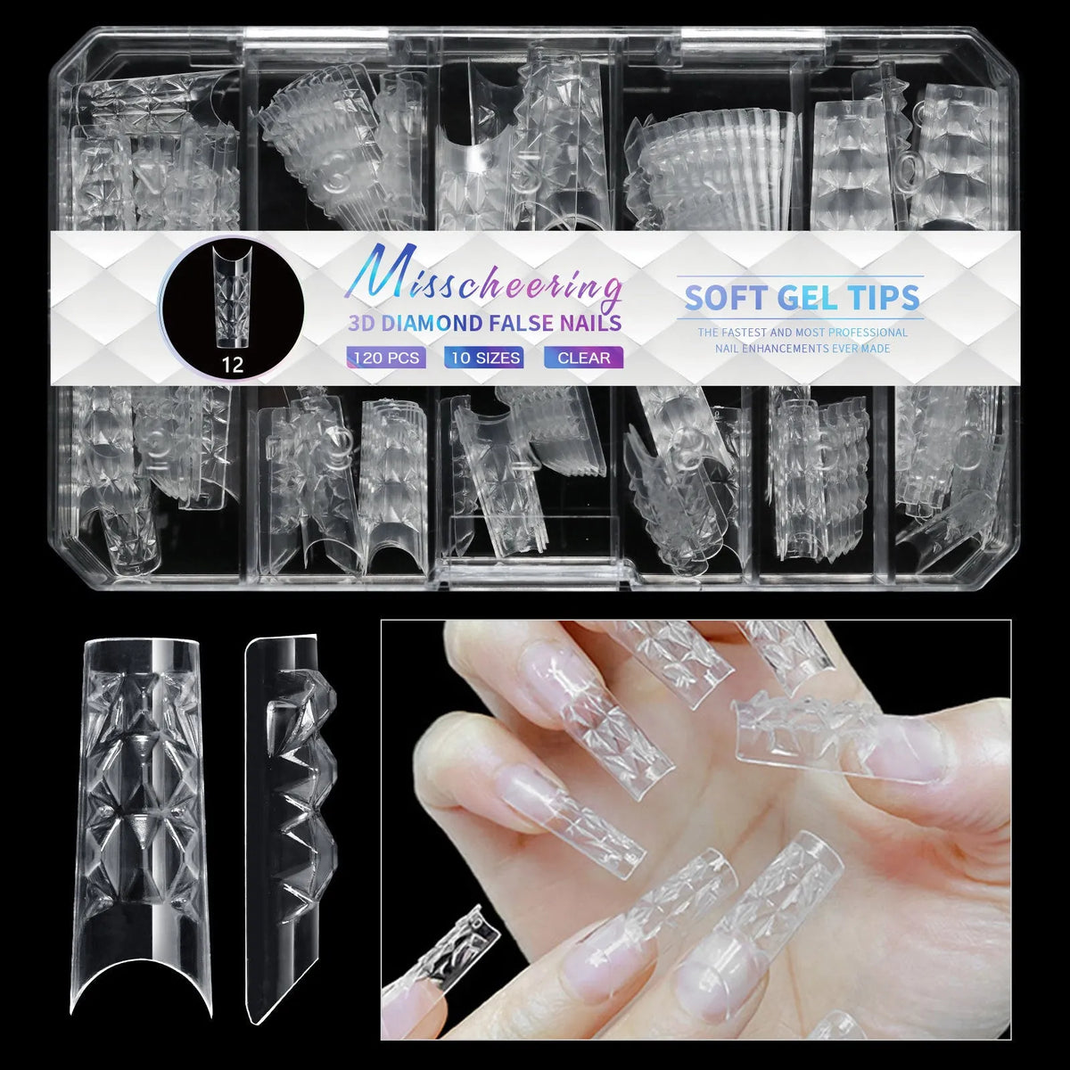 3D diamond wear long shaping artificial nail tips in twelve different colour options