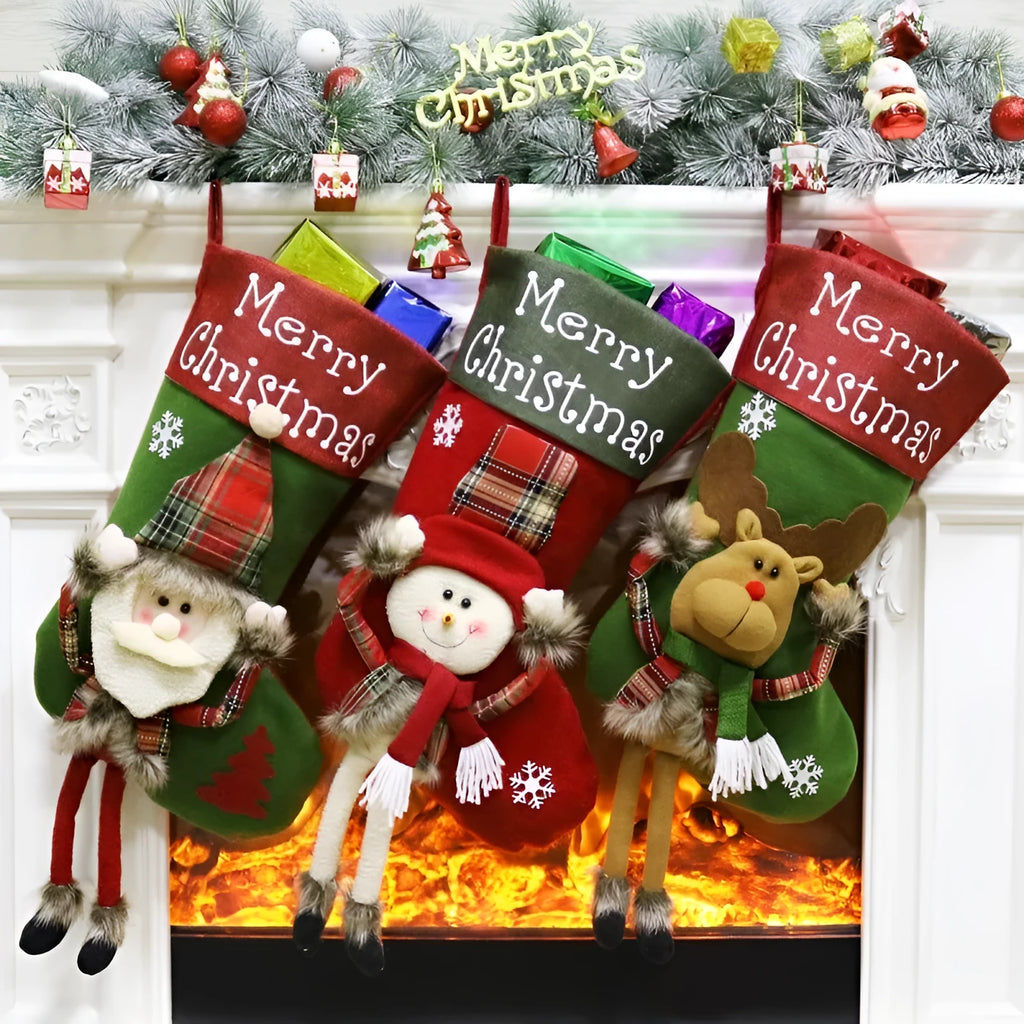 Three large Christmas stockings featuring Santa, Snowman and Reindeer designs with 3D applique decorations