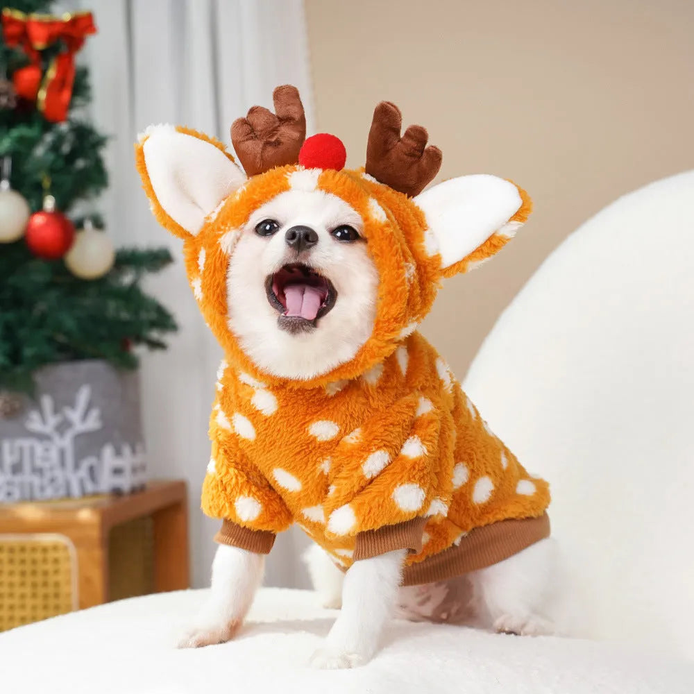 Elk Christmas dog costume with fleece lining on small white dog showing two-leg design and festive pattern