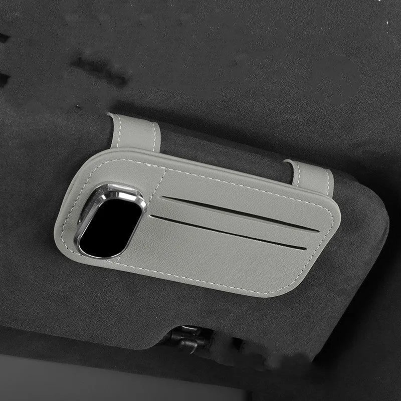 Leather sun louver card holder with glasses clip for car organisation in multiple colour options