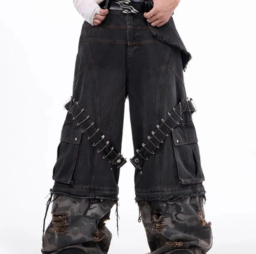 Men's grey camouflage pattern jeans with splicing structure and ribbon detailing
