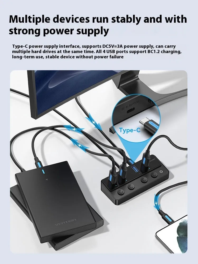 Vention USB 3.0 4-port extender docking station with 1 metre cable, multi-interface plug