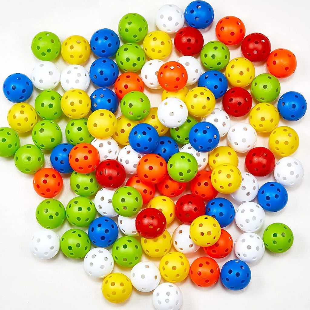 Multi-colour 42mm golf practice balls with a 26-hole surface design in a net pocket.