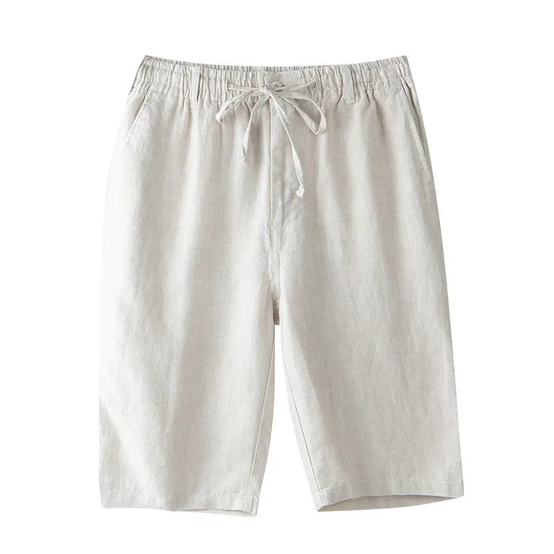 Men's thin linen casual trousers in a loose, straight-leg beach capri style, shown in multiple colour options.