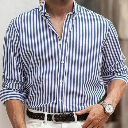 Men's loose fit striped cardigan shirt in multiple colour options with button front and long sleeves