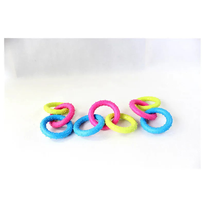TPR rubber dog chew toy with three connected chain links for molar chewing