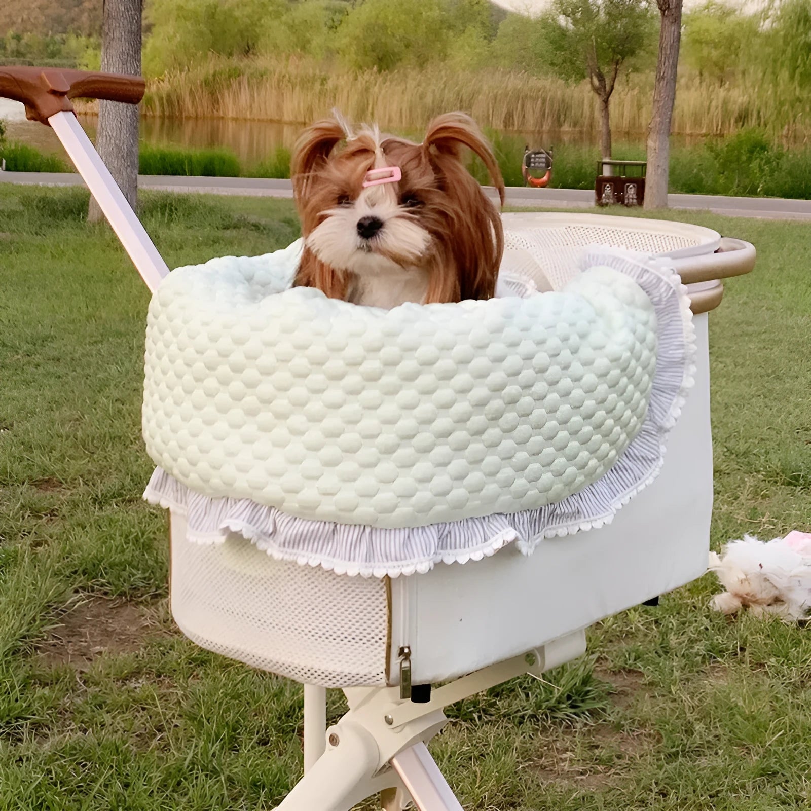 Pet stroller three-piece cotton pad set showing towel, cushion and pillow components
