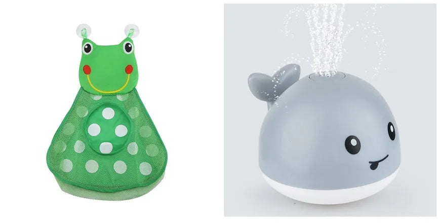 Automatic water spray whale bath toy with LED lights for baby sensory play