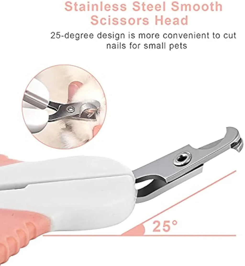 Grey and pink cat nail clippers with angled blade and safety guard for small pets
