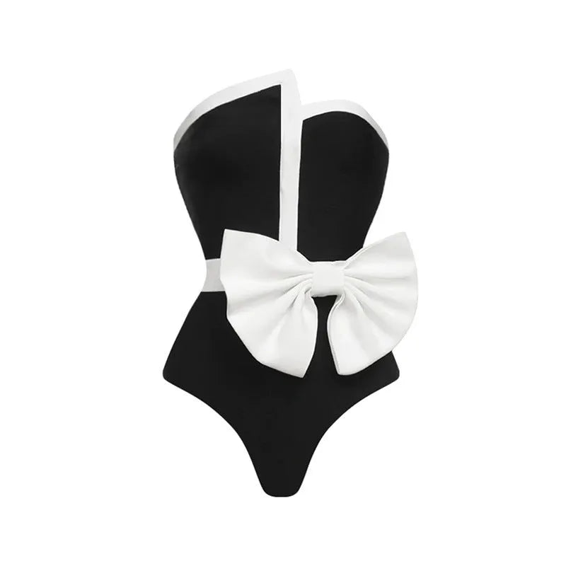 Black and white colour-block one-piece swimsuit with asymmetrical bow and irregular tube top for women