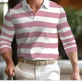Men's long sleeve retro polo shirt with button-up front in a loose fit on a model.