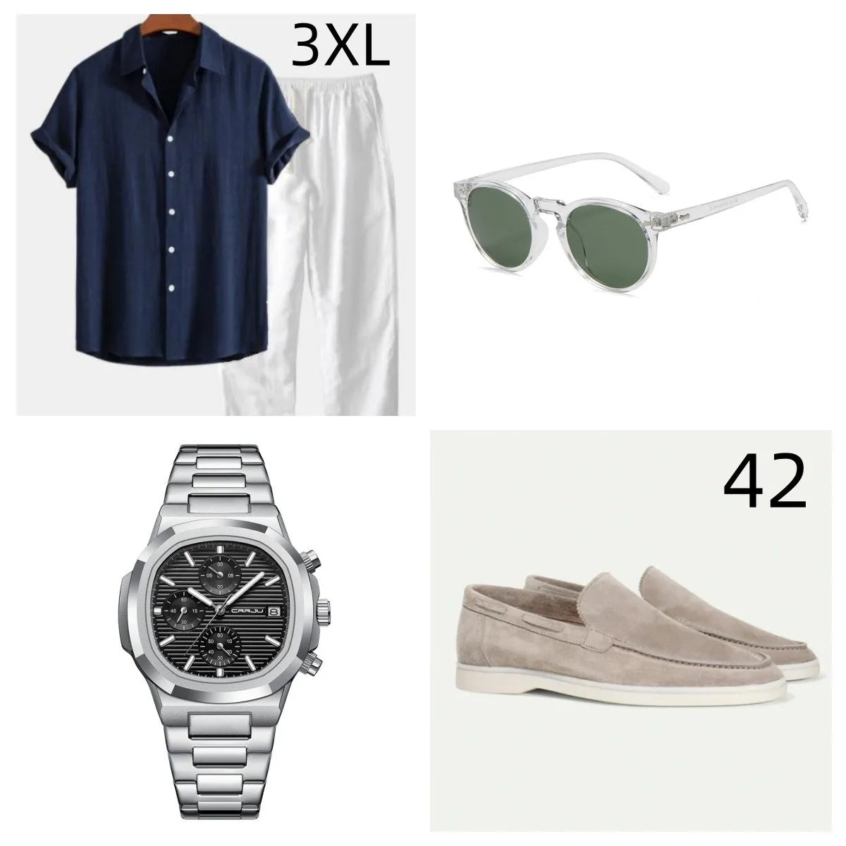 Cotton linen short sleeve summer suit set in multiple colours with included glasses, shoes, and watch accessories