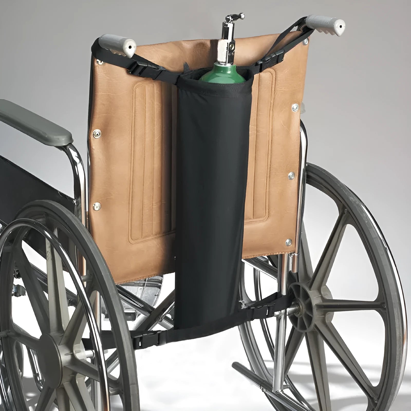 Black cylindrical wheelchair pannier bag for oxygen cylinder storage made from 600D oxford cloth.