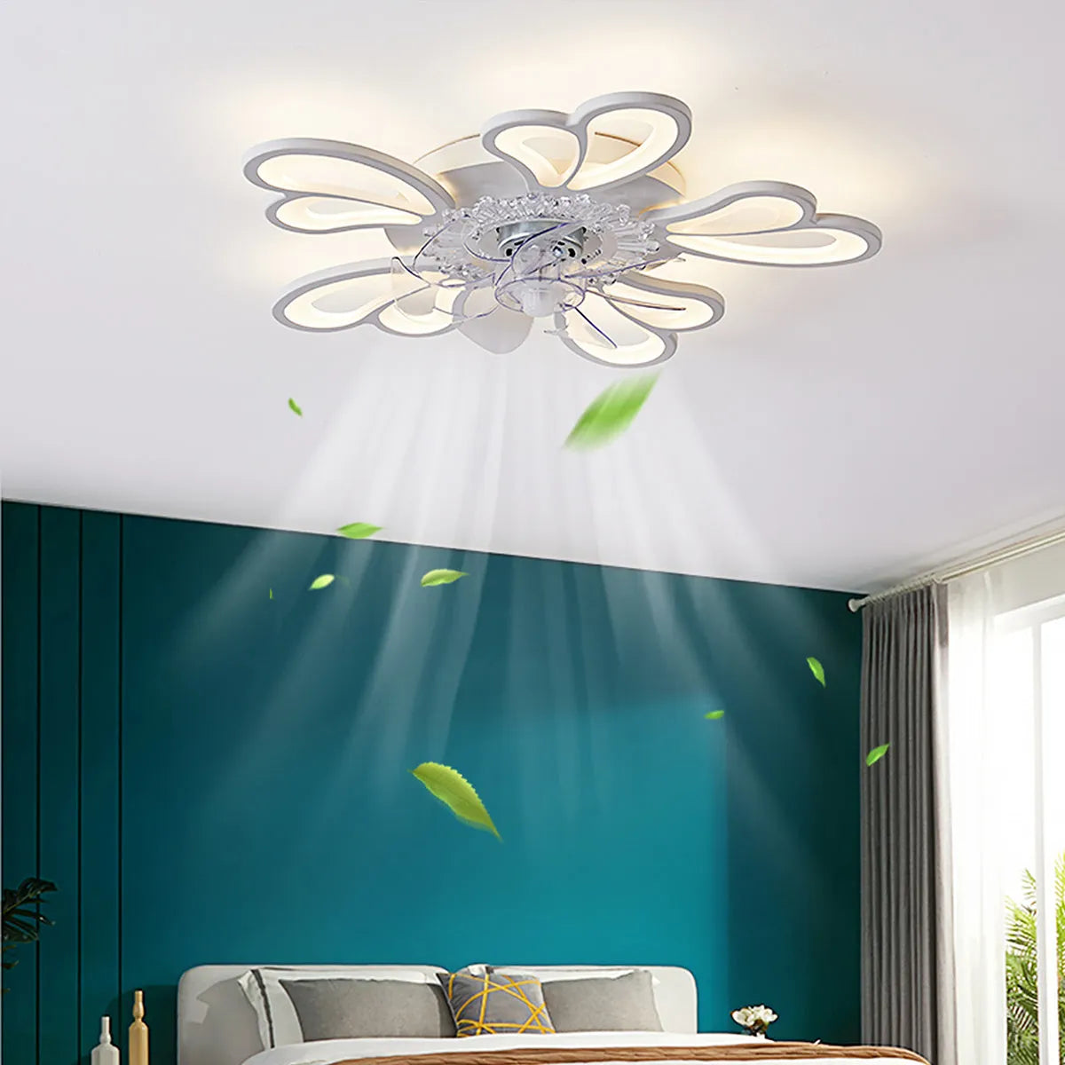 Modern white and black framed ceiling fan light with floral design blades and integrated acrylic light shade