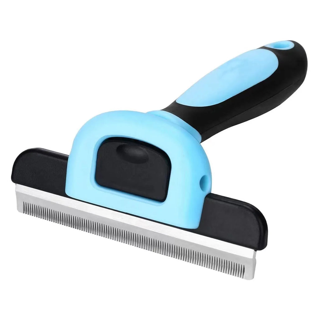 Removable knot opener pet hair removal comb in stainless steel, large size, blue colour, on a white background