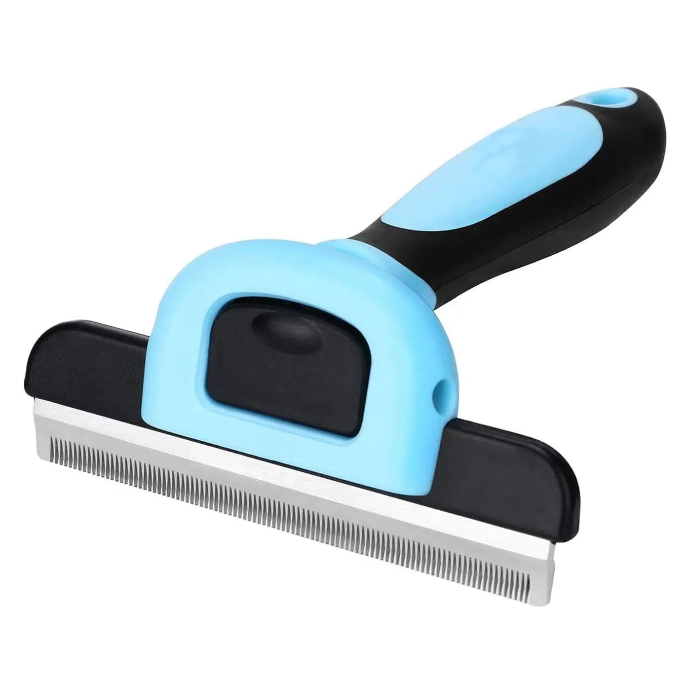 Removable knot opener pet hair removal comb in stainless steel, large size, blue colour, on a white background