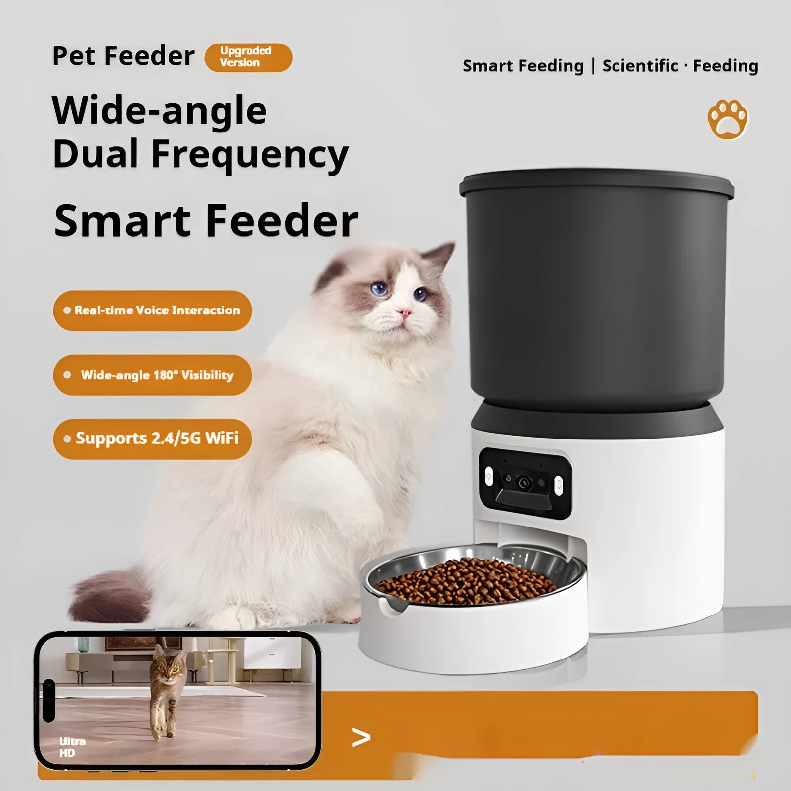 4L smart pet feeder with video camera and choice of stainless steel or plastic bowl on a kitchen floor