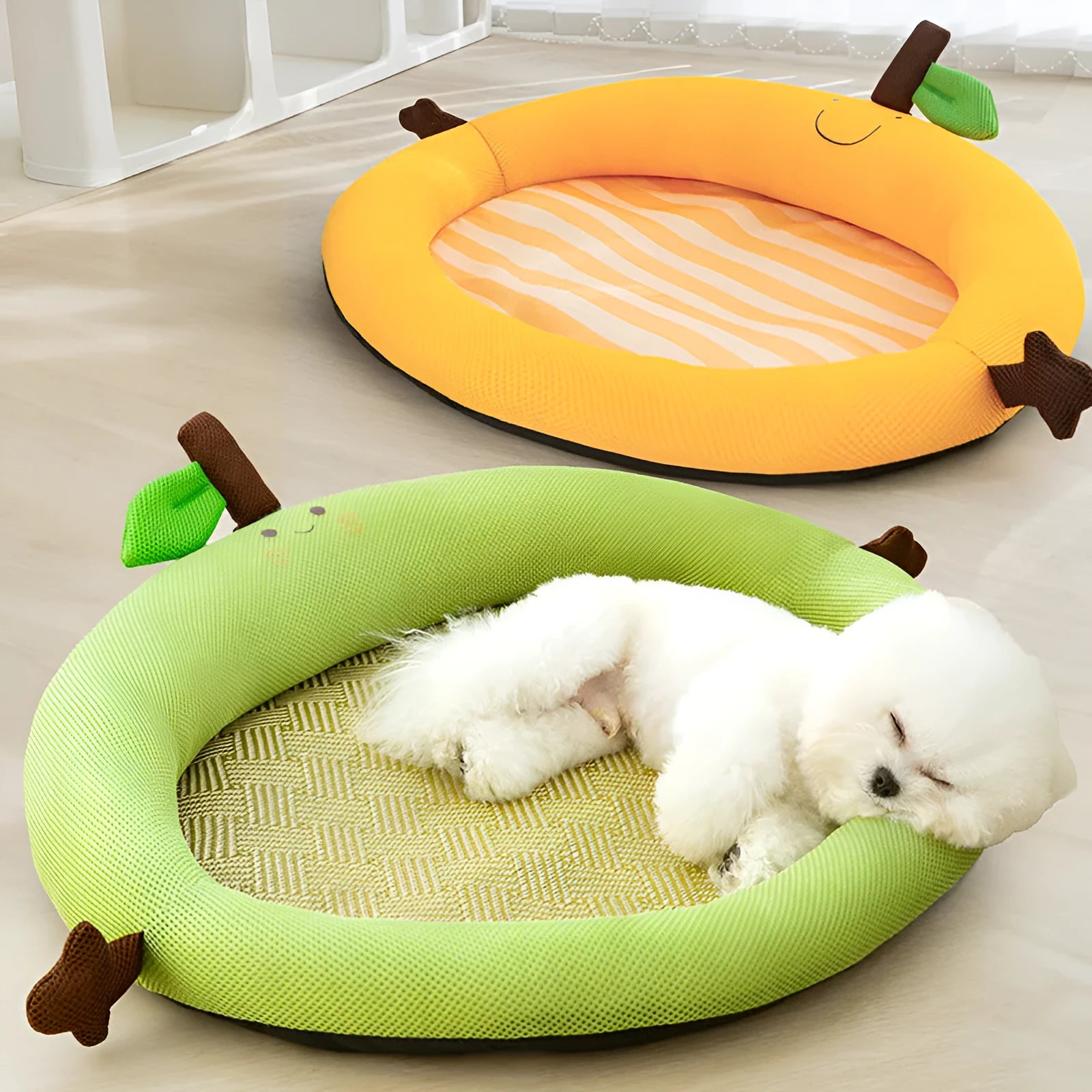 Green pet cooling mat with a raised fruit-shaped backrest for dogs and cats.
