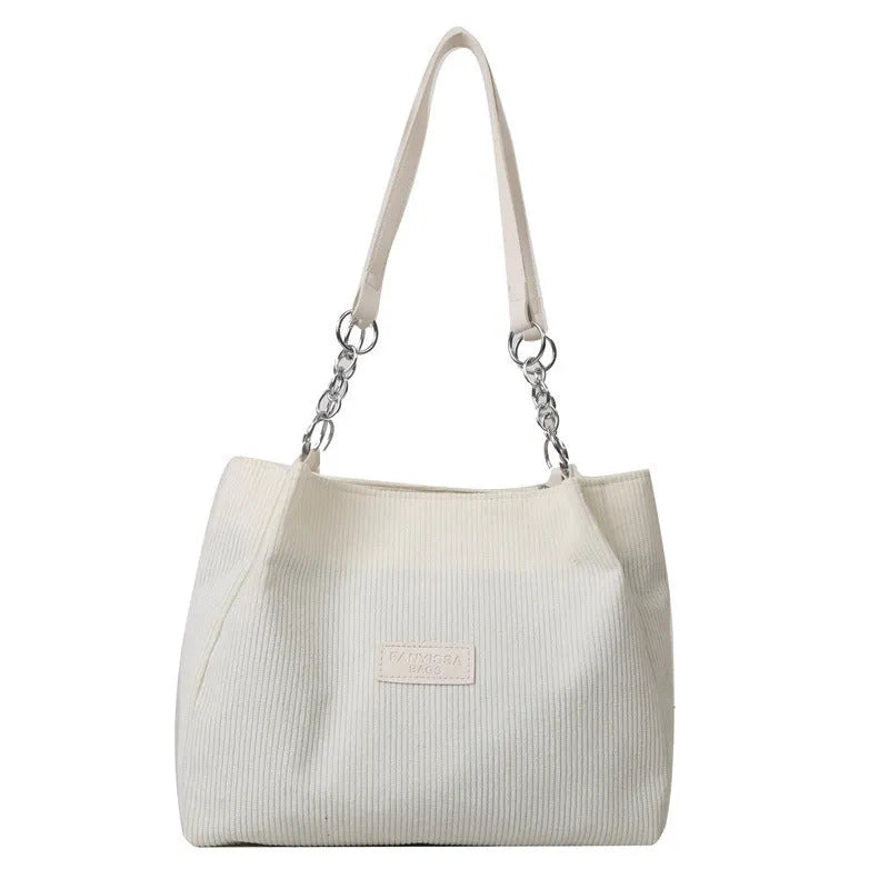 Corduroy women's tote bag with one shoulder strap and three-dimensional pocket